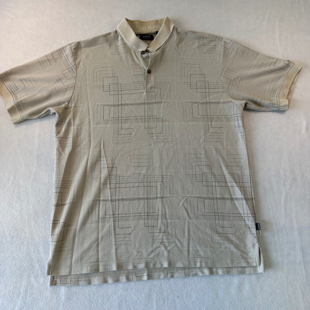 Izod XFG Mens Large Beige Geometric Grid Print Short Sleeve Polo Shirt Pique